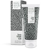 Body Scrub 200ml | Teebaumöl Körperpeeling bei Pickeln an Rücken & Körper, Unreiner Haut, Eingewachsenen Haaren, Reibeisenhaut, erdbeerbeine | 100% Natürliches Teebaumöl | Veg